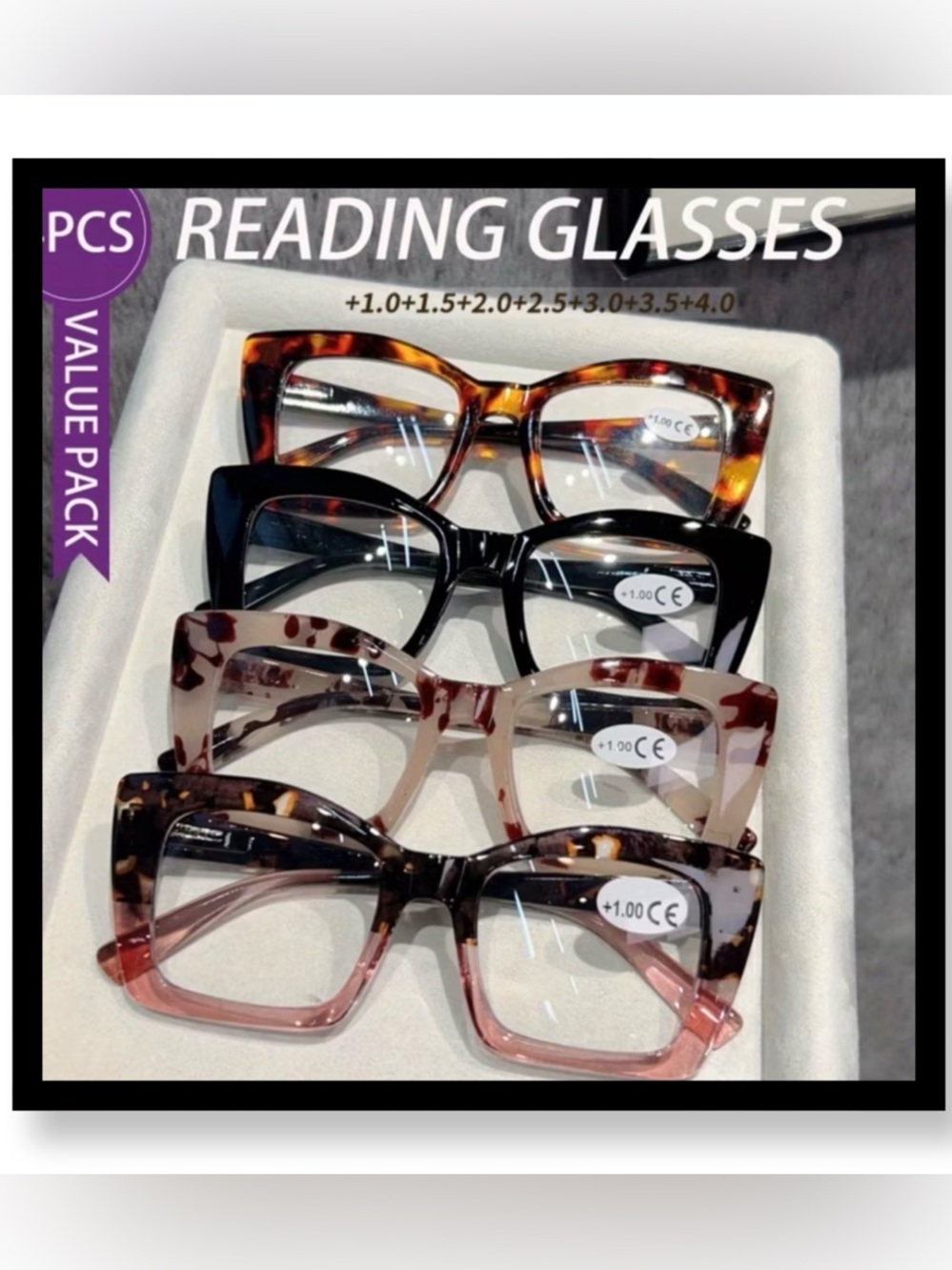 🆕 4pk Women's Reading Glasses - Tortoiseshell, Black, and Pink Frame Set